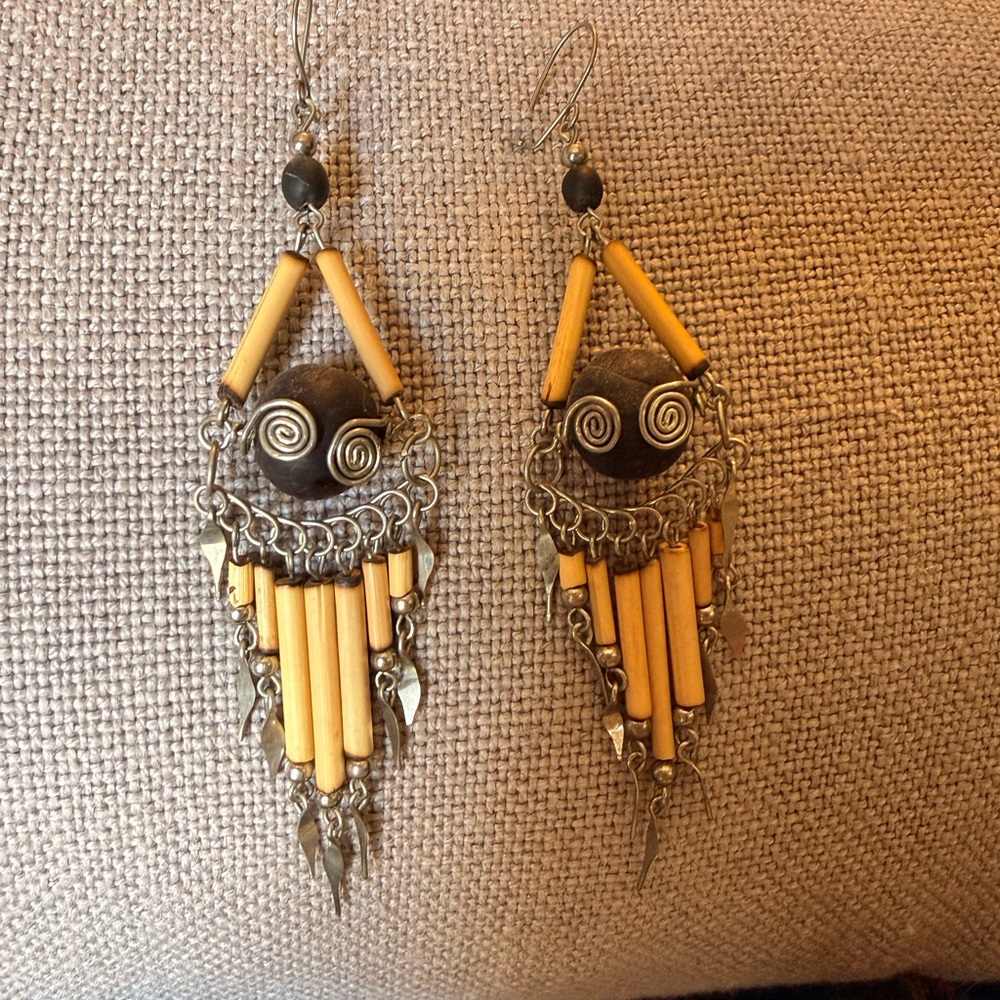 Bohemian silver and wood Dangle Earrings